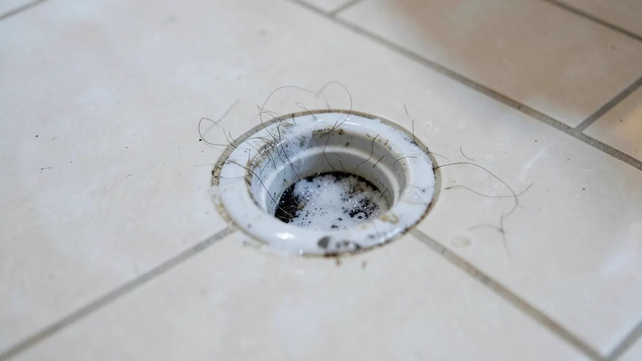 Bathroom floor trap being cleared of hair and soap build-up
