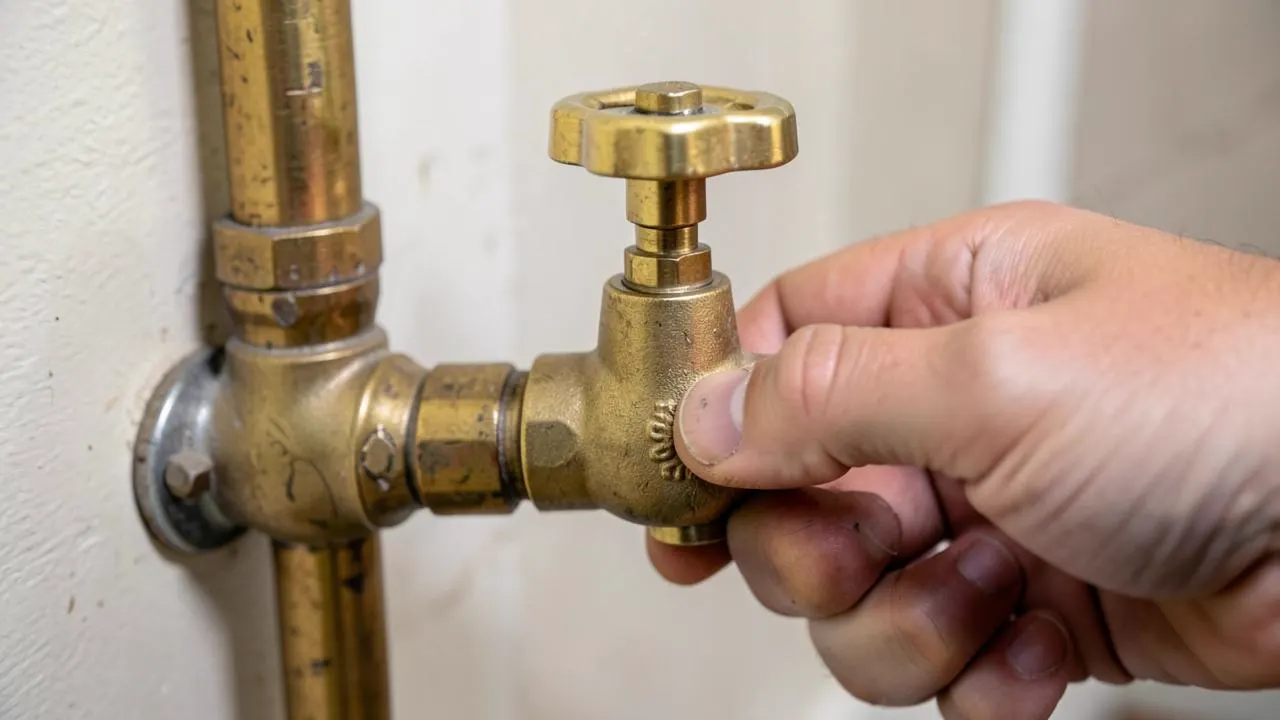 Homeowner turning off a water stopcock valve