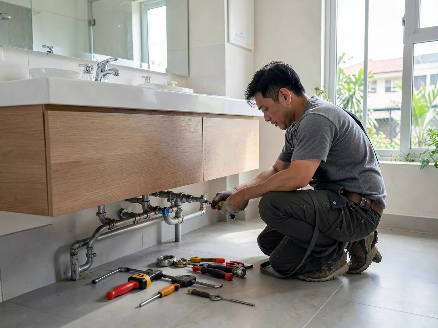 A1PlumberSG plumber repairing pipework under a sink in a Singapore home